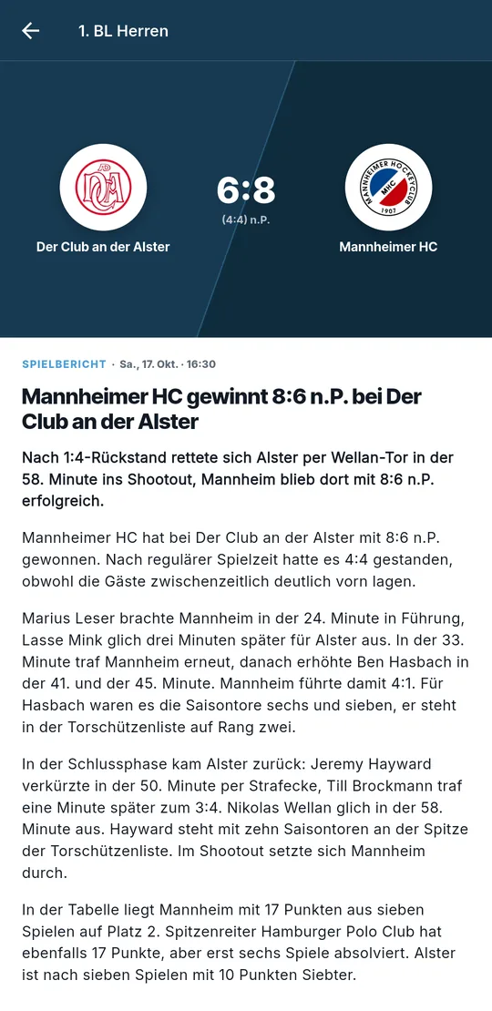 Match report article: Mannheimer HC wins 8:6 after a penalty shootout