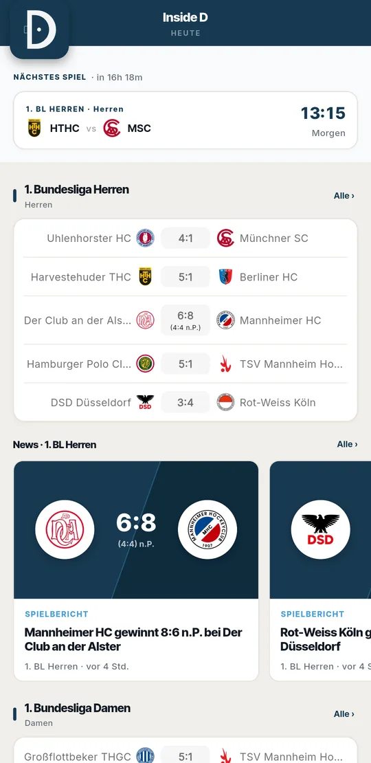 Home screen: next match countdown, latest results and match report cards