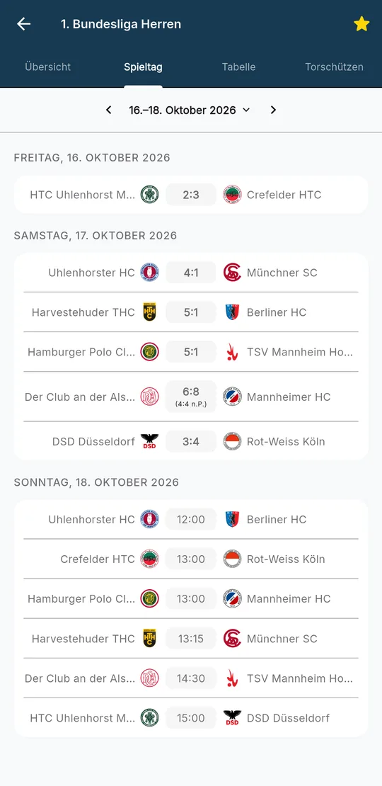 Matchday screen for the 1. Bundesliga weekend, Friday to Sunday